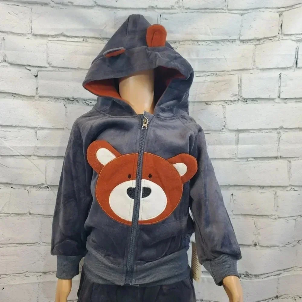 2T Toddler Grey Teddy Bear 2 piece Hoodie and Pants Velvet Outfit Set - Picture 3 of 14
